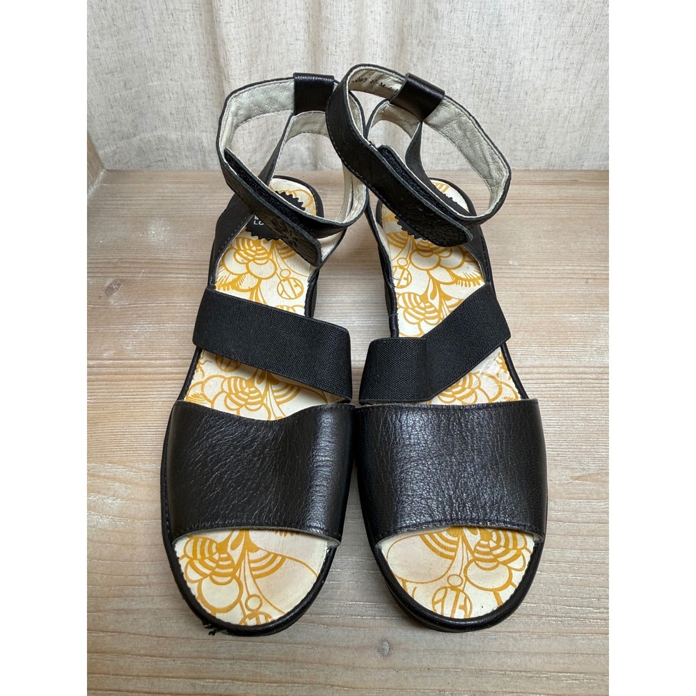 Fly London Yala Black Leather Wedge Sandals Platform Ankle Strap Womens 40 - Picture 8 of 11